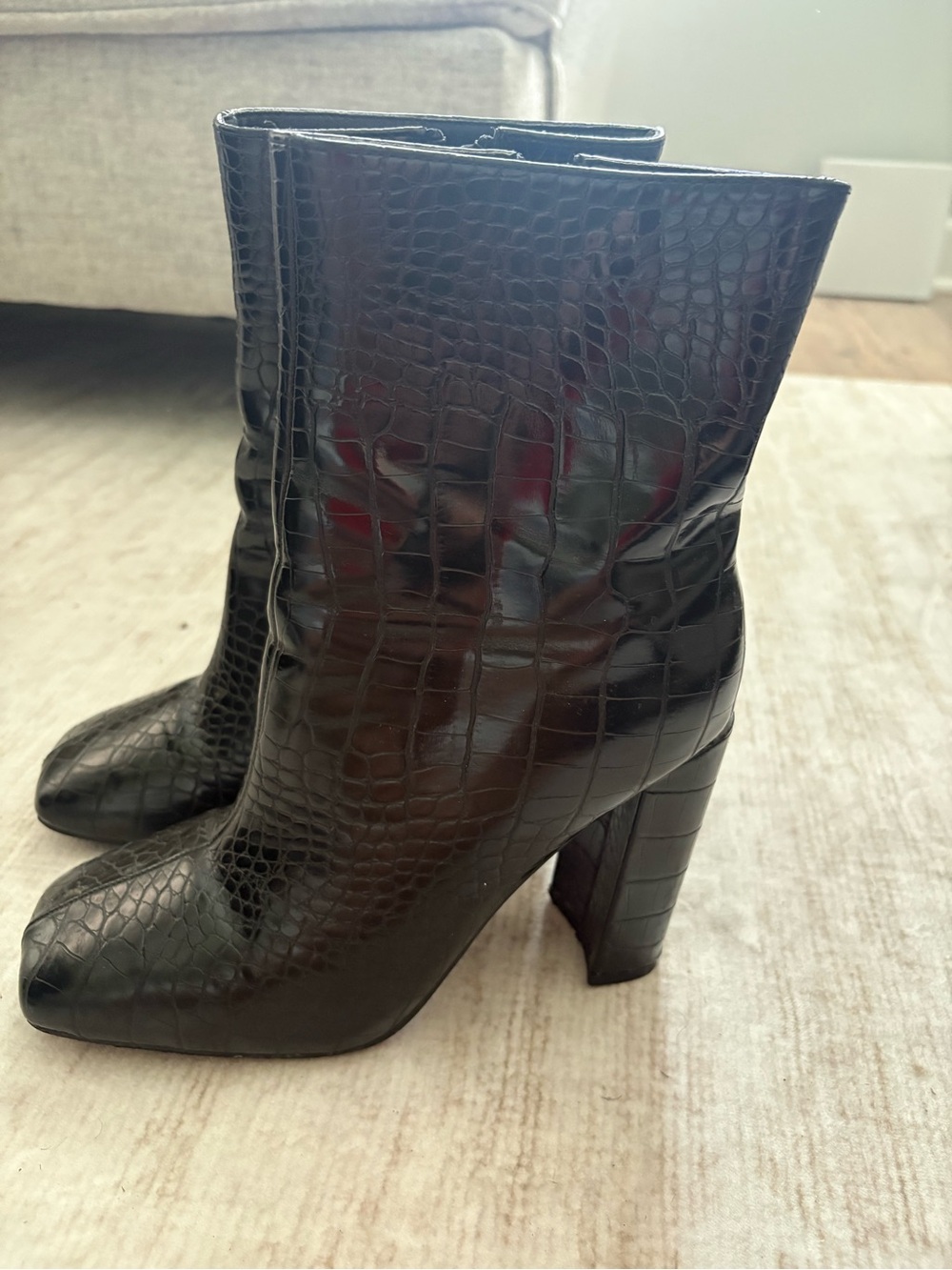 PrettyLittleThing Black Croc-Embossed Mid-Calf Block Heel Boots